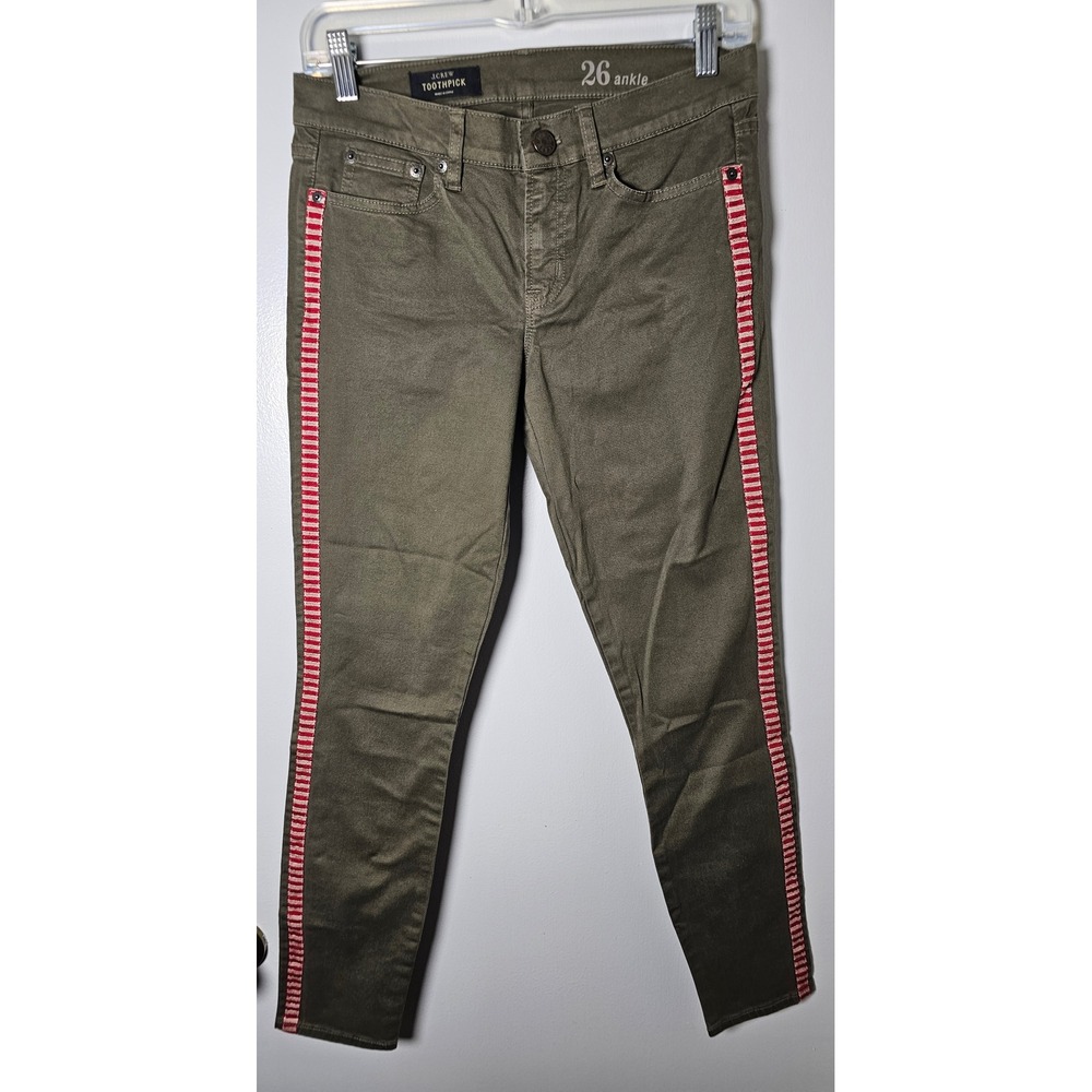 J.Crew Toothpick Ankle Jeans Womens Size 26 Olive Green Red Stripe NWT